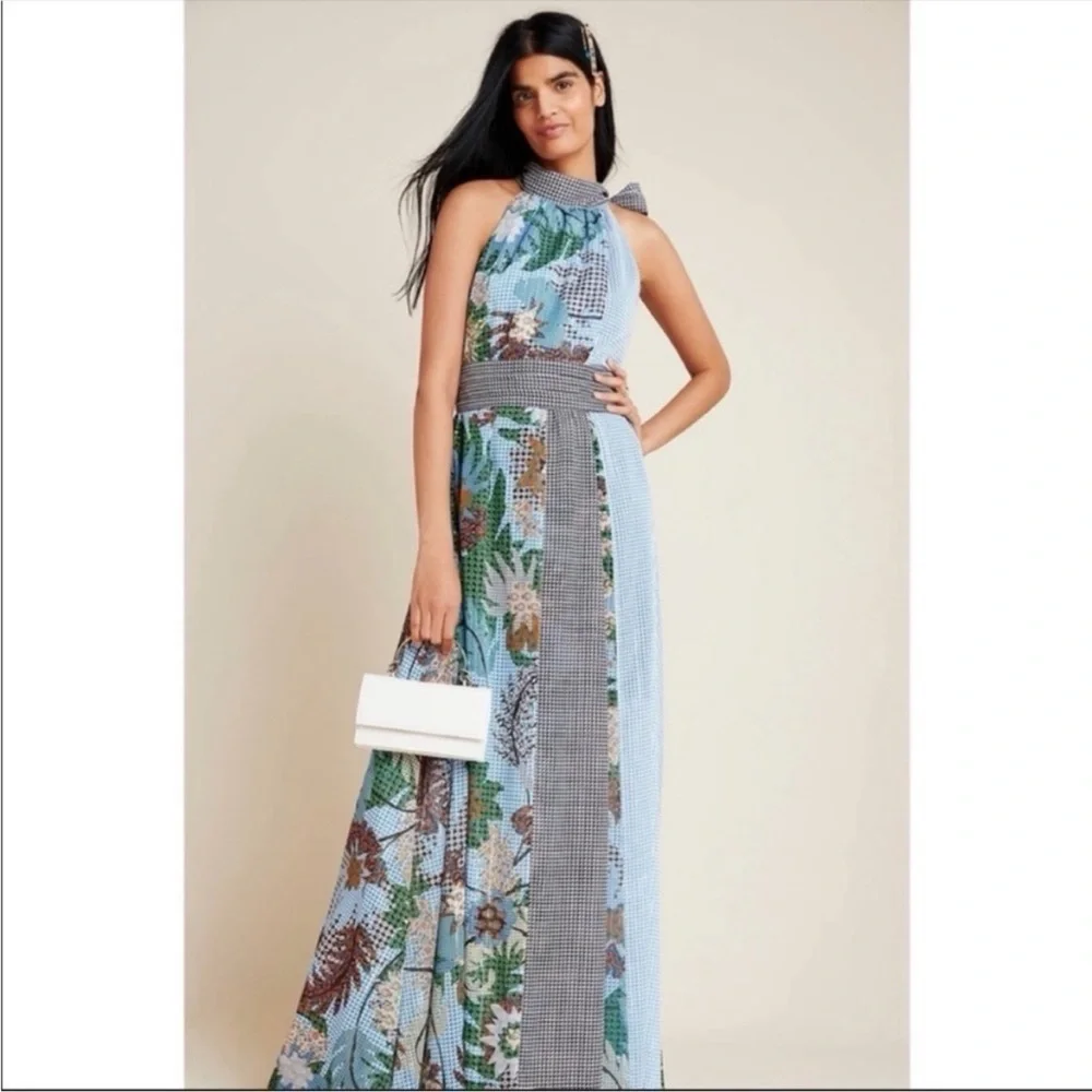 BHLDN Sachin & Babi Kimora Floral Metallic Halter Neck Maxi Dress Blue 2 NWT - Picture 9 of 10